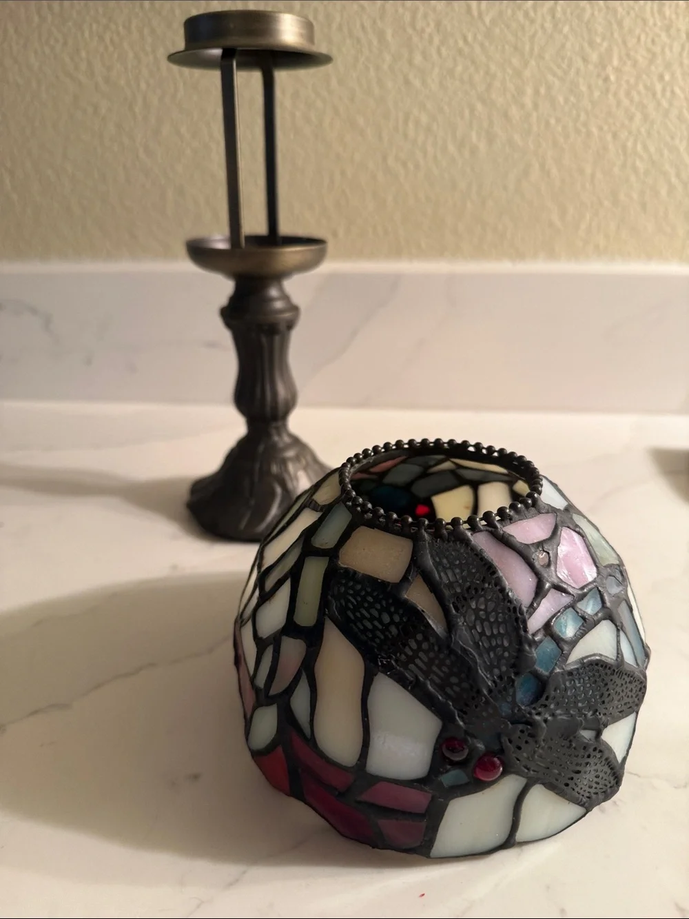 Vintage Stained Glass Dragonfly Candle Holder